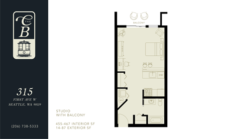 A floor plan of a studio apartment with a balcony is shown.